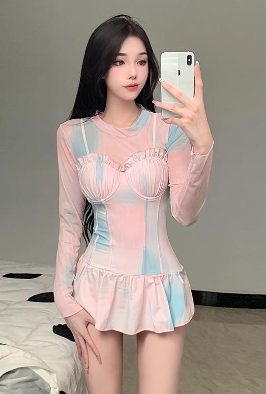 レディース ファッション 春夏 秋 冬 女性 かわいい おしゃれ 水着 韓国 海 プール ビーチ ワンピース スカート 長袖 日焼け防止 大人 温泉 マーブル グラデーション セット 背中開き セクシー 日焼け対策 紫外線対策 上品