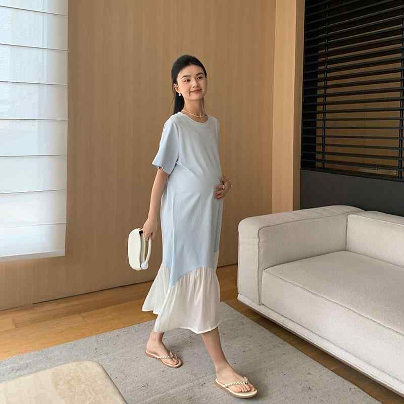 レディース ファッション 夏 かわいい おしゃれ マタニティ 妊娠中 ベビー 赤ちゃん ドレス ラウンドネック ロング スカート ゆったり お腹カバー シンプル ワンピース 半袖