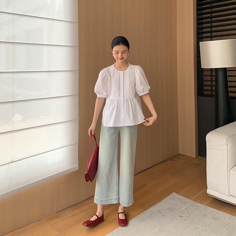 レディース ファッション 夏 かわいい おしゃれ マタニティ 妊娠中 ベビー 赤ちゃん ラウンドネック シャツ シンプル パンツ デニム|YKC8