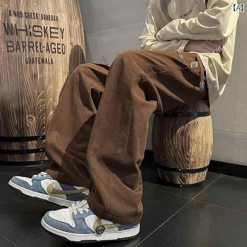 メンズ ファッション 春　夏　秋　冬　 かっこいい オシャレ モテ 男性用 紳士服 服 韓国 シンプル　大人 春秋 男性用 レトロ ブラウン 色 ズボン ストレート レッグ ゆったり ワイド レッグ オーバー サイズ 和風 カジュアル オーバー オール