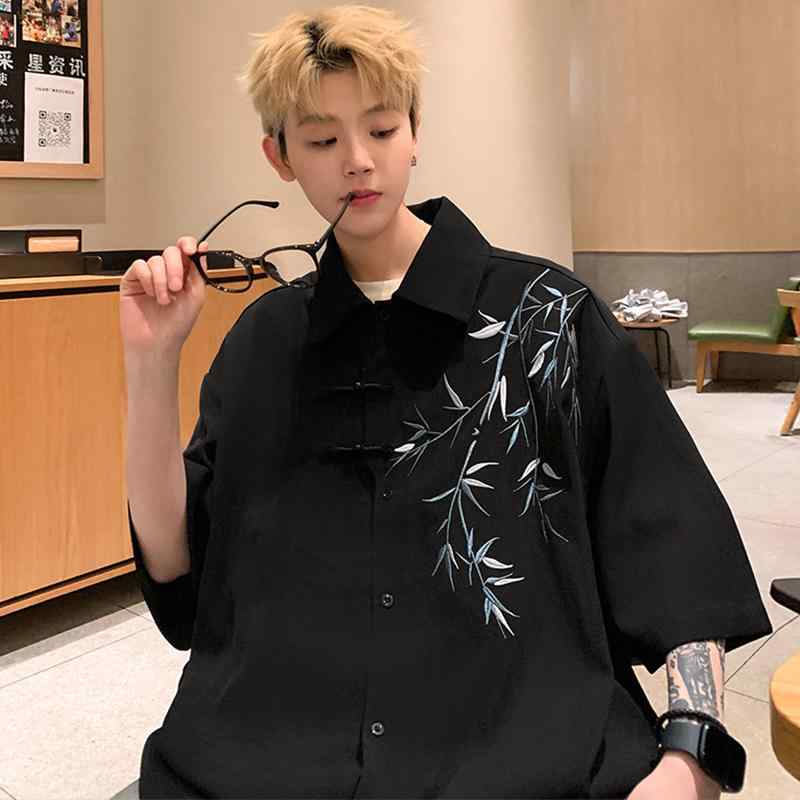 メンズ ファッション 春夏 秋冬 かっこいい オシャレ モテ 男性用 紳士服 服 韓国 シンプル バックル 竹 半袖 シャツ 半袖 シャツ 冷感 刺繍 入り 大きいサイズトップス