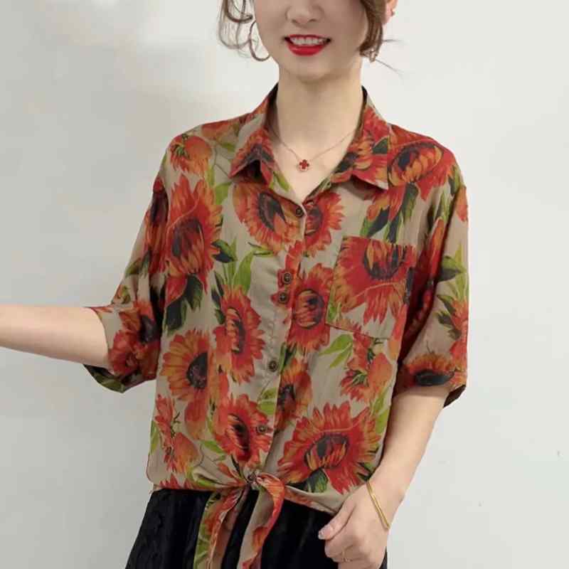 レディース ファッション おしゃれ 春夏 秋冬 大人 上品 高級 マダム ミス ミセス プレゼント 夏 レトロ 花柄 シャツ レースアップ シャツ ゆったり 大きめ サイズ 薄手 通気性 日焼け防止 シャツ｜YKC8