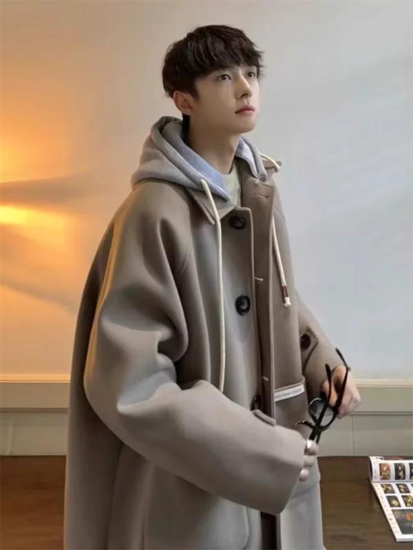 メンズ ファッション 春 夏 秋 冬 かっこいい オシャレ モテ 男性用 紳士服 服 韓国 冬 厚手 ウール コート メンズ フェイク ツーピース フード付き ウール コート ウインドブレーカー ミドル丈｜YKC8