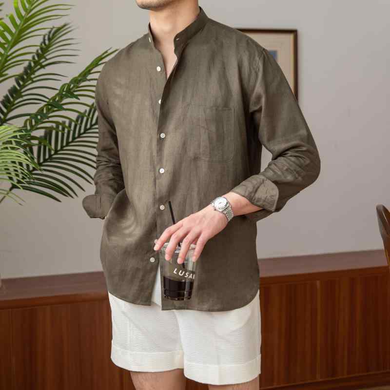 メンズ ファッション 春夏 秋冬 かっこいい オシャレ モテ 男性用 紳士服 服 韓国 通勤 ライト 調理 カジュアル 通気性 リネン 長袖 シャツ ホリデー スタンドカラー シャツ メンズ|YKC8