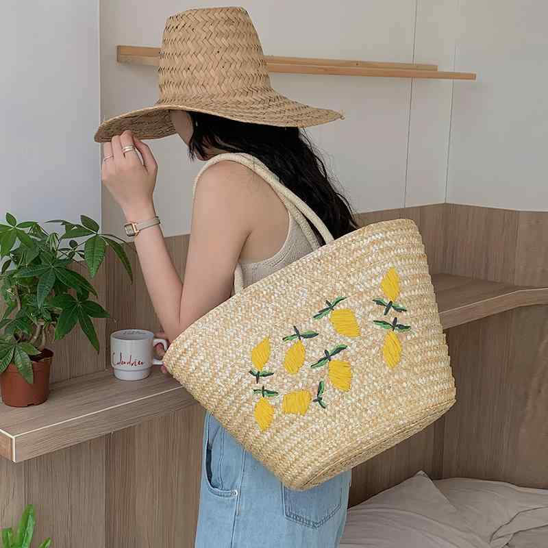 レディース ファッション 春夏 秋 女性 かわいい おしゃれ 韓国 鞄 バッグ 上品 大人 レモン フルーツ 刺繍 シンプル 大容量 籠 トートバッグ 海 プール
