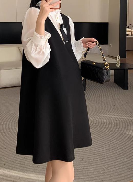 レディース ファッション 春秋冬 かわいい おしゃれ マタニティ 妊娠中 ベビー 赤ちゃん ワンピース スカー ト ドレス 長袖 シンプル ゆったり 膝丈 リボン レース フリル