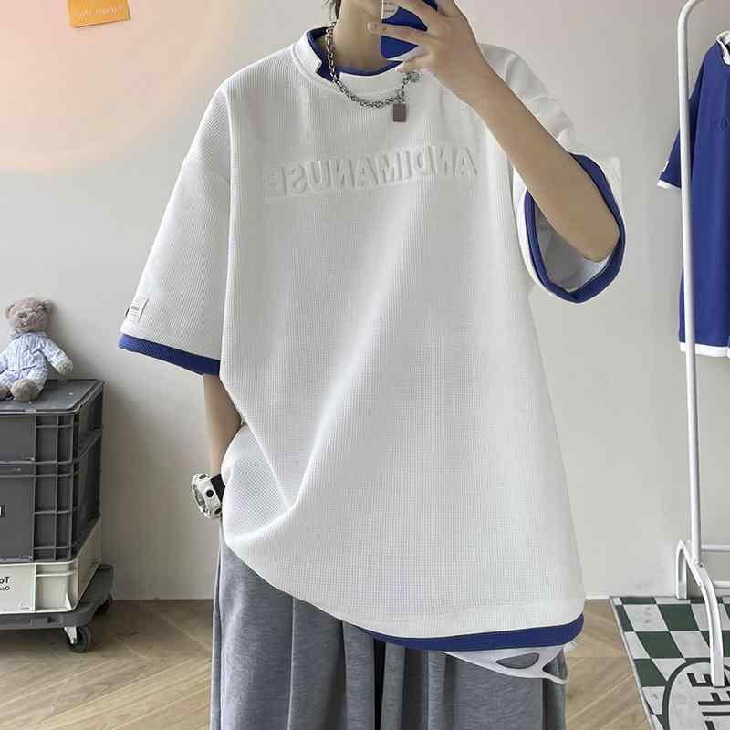 メンズ ファッション 春夏 秋冬 かっこいい オシャレ モテ 男性用 紳士服 服 韓国 フェイク ツーピース ワッフル 半袖 T シャツ メン 夏 カジュアル トップ スタイル カップル 半袖 T シャツ