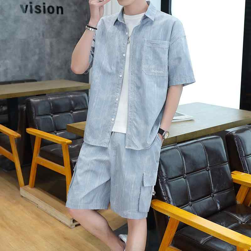 メンズ ファッション 春 夏 秋 冬 かっこいい オシャレ モテ 男性用 紳士服 服 韓国 シンプル 大人 夏 男性用 デニム 半袖 シャツ スーツ 薄手 ウォッシュ コットン ミッド スリーブ シャツ 服 一式 マッチング|YKC8
