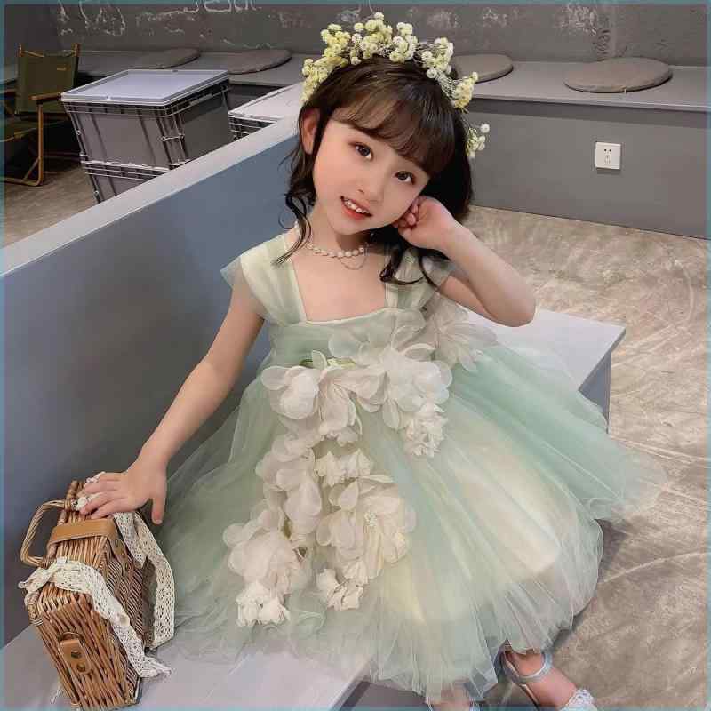 キッズ ファッション 女の子 かわいい おしゃれ 韓国 子供服 プリンセス ドレス 夏 リボン ワンピース スカート レース 花 立体 フラワー フリル 発表会 結婚式 半袖 シースルー 高級