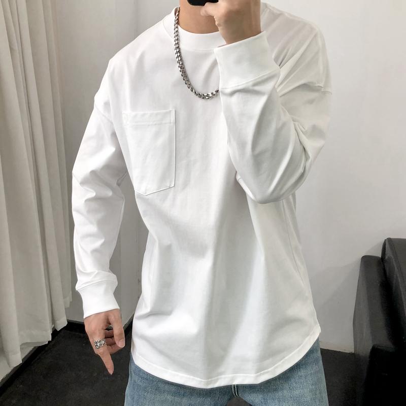 メンズ ファッション 春 夏 秋 冬 かっこいい オシャレ モテ 男性用 紳士服 服 韓国 シンプル 大人 コットン 長袖 T シャツ ソリッドカラーラウンドネック カジュアル スウェット ポケット ベーシック カーブ 裾 レイヤリング トップ