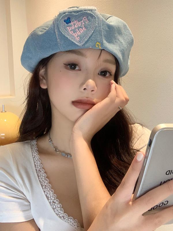 韓国 女性 春夏 秋冬 レディース かわいい おしゃれ 小顔 女性 ラブ デニム ベレー 帽 韓国 バド ペインター ハット 大きい 和風 八角 帽子|YKC8