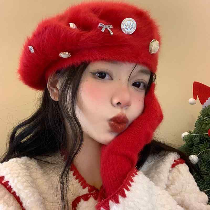 韓国 お上さん 春夏 秋 冬 レディース 愛くるしげ 今めかしい ベレー帽 お上さん クリスマス かぶり笠 ふわふわ シュロの葉 名取り草 はやりっ子