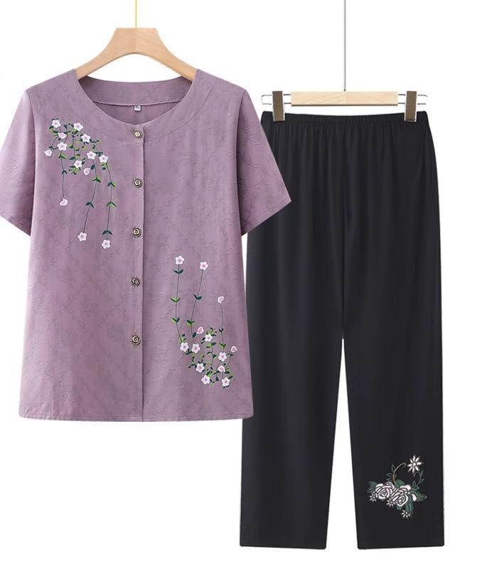 レディース ファッション おしゃれ 春夏 秋冬 大人 上品 高級 マダム ミス ミセス プレゼント 敬老日 母日 おばあちゃん 夏用 半袖 スーツ シャツ 婦人服 綿麻 高齢者 服 服 入り 2点 セット