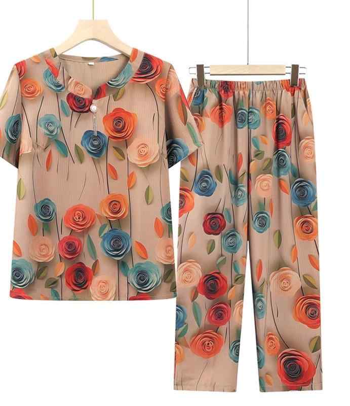 レディース ファッション おしゃれ 春夏 秋冬 大人 上品 高級 マダム ミス ミセス プレゼント 敬老日 母日 女性 T シャツ スーツおばあちゃん 夏 半袖 お母さん 夏用 2点 セット 義母 おしゃれ 着｜YKC8