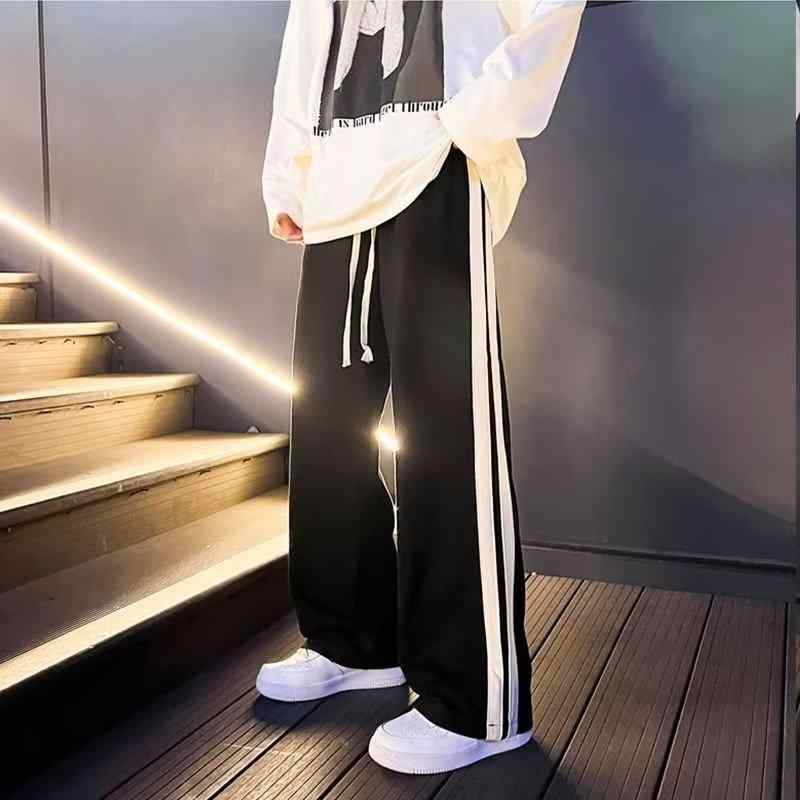 メンズ ファッション 春 夏 秋 冬 かっこいい オシャレ モテ 男性用 紳士服 服 韓国 シンプル ストライプ スウェットパンツ メンズ アメリカン ストリート ストレート ワイド レッグ パンツ ドレープ レングス カジュアル|YKC8