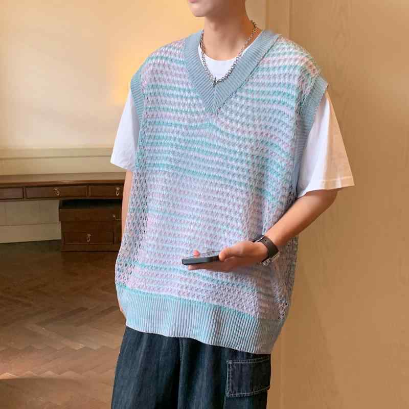 メンズ ファッション 春 夏 秋 冬 かっこいい オシャレ モテ 男性用 紳士服 服 韓国 シンプル 大人 アメリカン レトロ グラデーション Vネック ニット ベスト 夏 薄手 ベスト ゆったり ノースリーブトップ