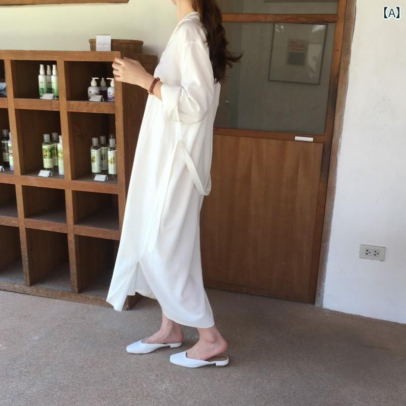 韓国 女性 春夏 秋冬 レディース かわいい おしゃれ シャツ スカート 春 ドレープ スタイル シフォン エクストラ ロング シャツ サイズ｜YKC8