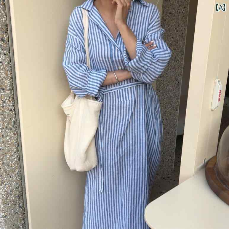 韓国 女性 春夏 秋冬 レディース かわいい おしゃれ イン シャツ スタイル ストライプ 長袖 コットンリネン シャツ ドレス スタイル プルオーバー レースアップ 日焼け防止 ドレス 夏|YKC8