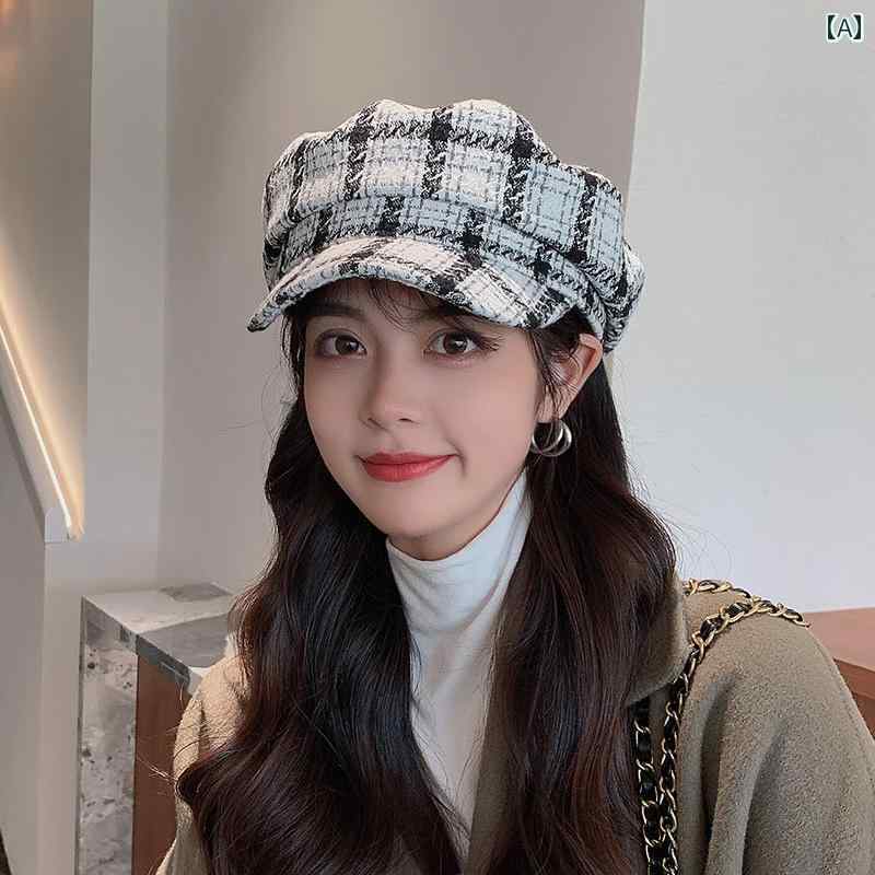 韓国 女性 春夏 秋 冬 レディース かわいい おしゃれ 日本 チェック柄 ネイビー 帽子 レディース 秋 冬 帽子な 日本 人 レトロ 英国 画家 ベイリー 八角形 帽子|YKC8