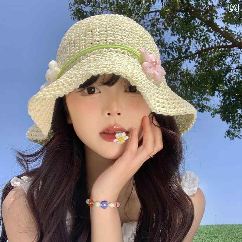 韓国 女性 春夏 秋冬 レディース かわいい おしゃれ 花 麦わら 帽子 女性用 夏 海辺 休暇 ビーチ 帽子 日焼け防止大きい つば 麦わら 帽子|YKC8