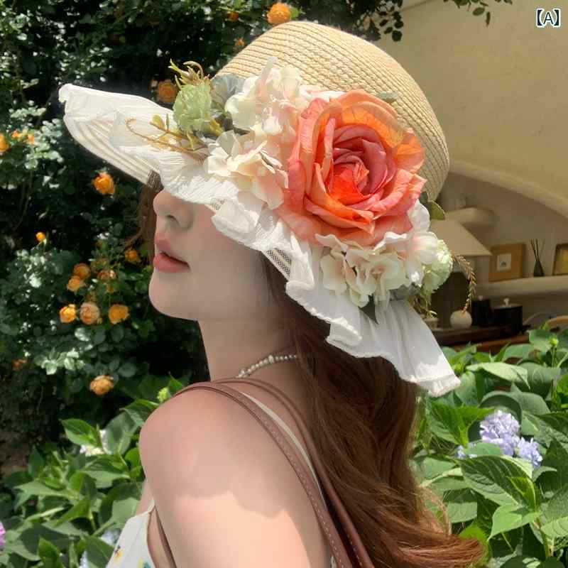 韓国 女性 春夏 秋冬 レディース かわいい おしゃれ レースフラワー ラフィア 帽子 女性用 夏大きい つば フラット トップ 日焼け防止 帽子 海辺 休暇 帽子｜YKC8