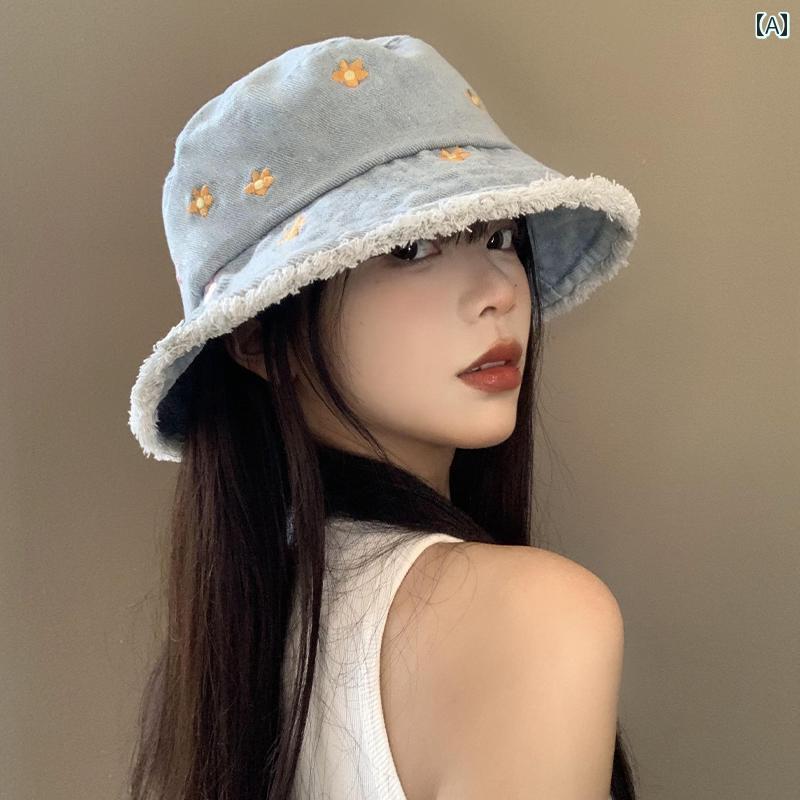 韓国 お上さん 春夏 秋冬 レディース  愛くるしげ 今めかしい 花 ほつれ ジーンズ フィッシャーマン かぶり笠 お上さん用 夏 和風馬鹿でかい  井戸釣瓶 かぶり笠 顔  日よけ 日焼押しとどめる かぶり笠