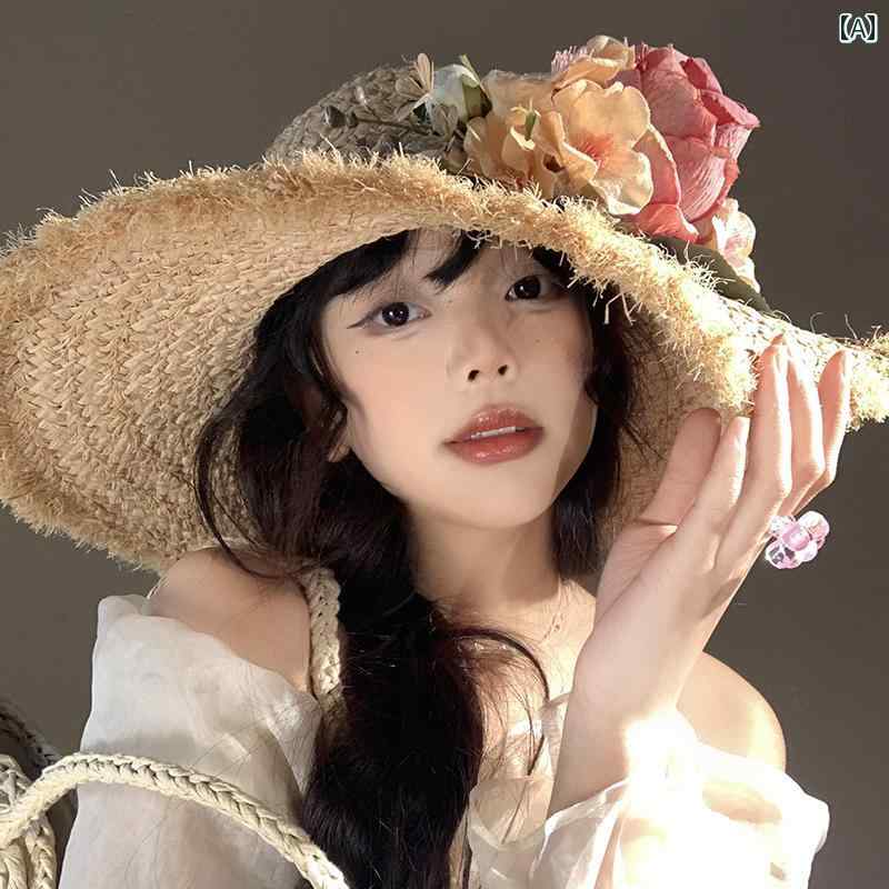韓国 女性 春夏 秋冬 レディース かわいい おしゃれ 夏 花 編み込み ラフィア 帽子 女性用 フレンチ大きい つば 日焼け防止 帽子 海辺 休暇 日よけ 帽子