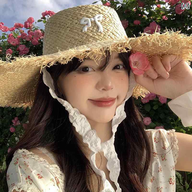 韓国 女性 春夏 秋冬 レディース かわいい おしゃれ 蝶 ネクタイ フラット トップ ラフィア 帽子 女性用 夏大きい つば 日焼け防止 帽子 海辺 休暇 帽子|YKC8