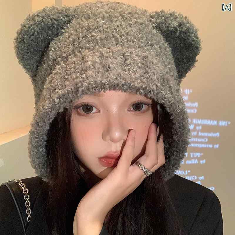 韓国 お上さん 春夏 秋 冬 レディース  愛くるしげ 今めかしい 秋 冬 お上さん用 愛くるしげ 熊 耳 羊毛 かぶり笠 気が大きい  顔 編み物 帽 韓国 耳保護すること かぶり笠