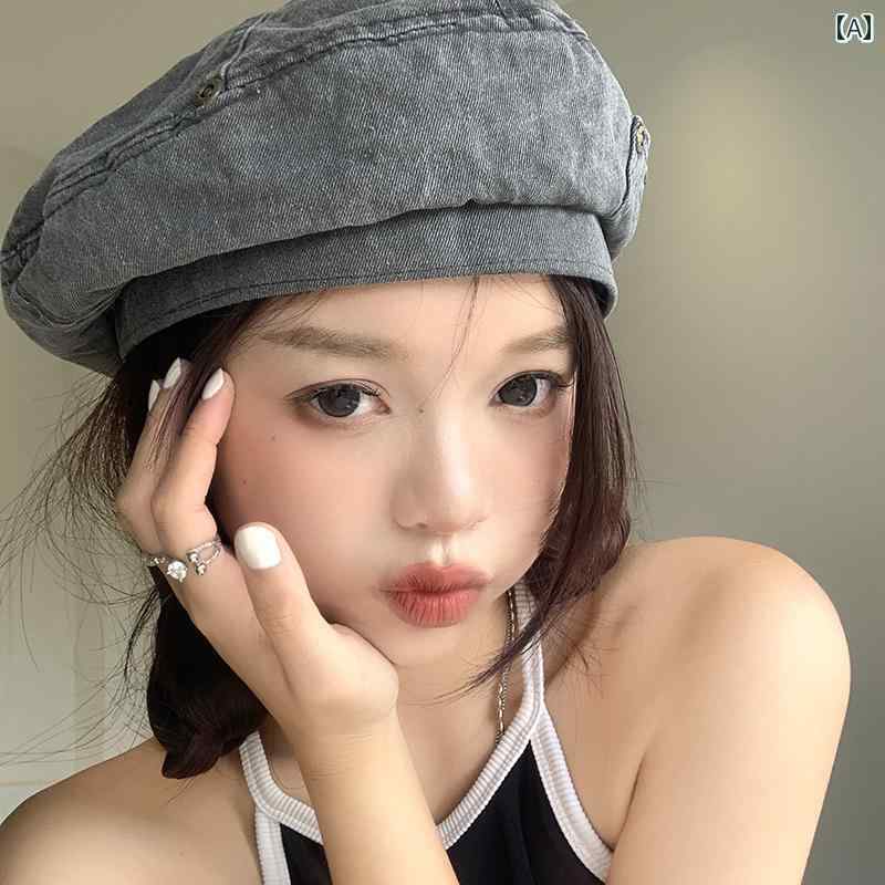 韓国 お上さん 春夏 秋冬 レディース  愛くるしげ 今めかしい ウォッシュドデニム ベレー 帽 レディース 韓国 ビッグ 尖端 ベレー 帽 日本 レトロ サイバー空間 薄墨色 ペインター かぶり笠
