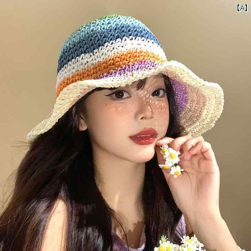韓国 女性 春夏 秋冬 レディース かわいい おしゃれ 虹 編み 麦わら 帽子 女性用 夏 サンシェード 日焼け防止 帽子 海辺 ビーチ 休暇 帽子｜YKC8
