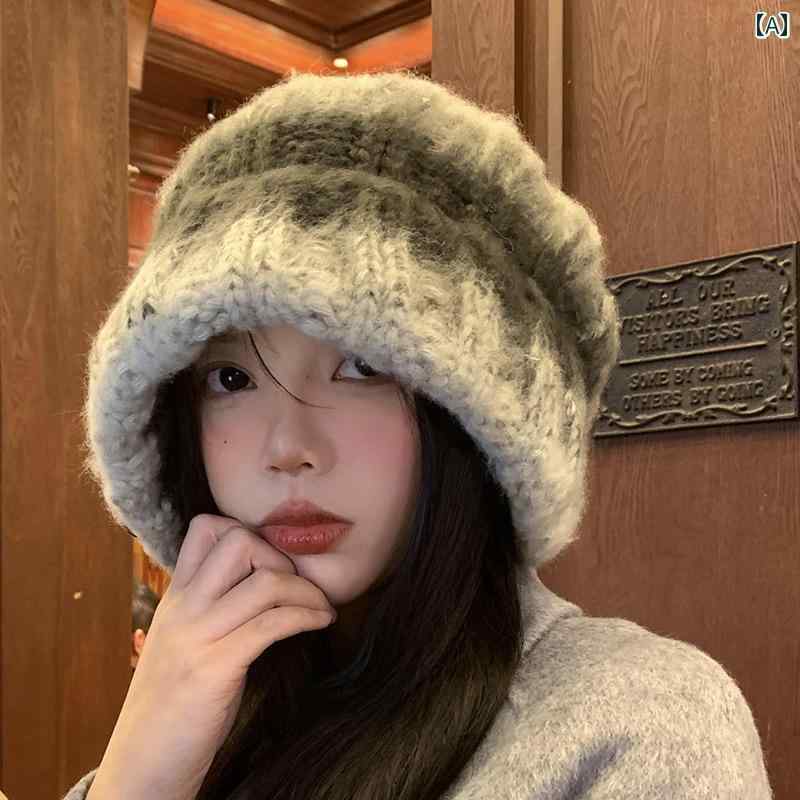 韓国 お上さん 春夏 秋冬 レディース  愛くるしげ 今めかしい 秋お上さん用 グラデーション 羊毛 かぶり笠 日本 レトロ気が大きい  ゆったり 編み物 帽 顔 薄墨色 パイル かぶり笠