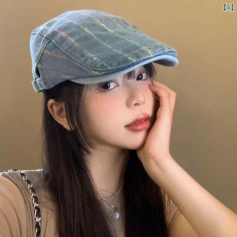 韓国 女性 春夏 秋冬 レディース かわいい おしゃれ カウボーイ ベレー 帽 レディース 春夏 和風 レトロ 大きい 縞模様 逆 着用 前き 帽子 顔 絵描き 帽子｜YKC8