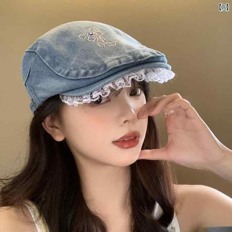 韓国 お上さん 春夏 秋冬 レディース  愛くるしげ 今めかしい ジーンズ シュロの葉 スピード競技 ベレー 帽 レディース 韓国 顔  小前 かぶり笠気が大きい  ペンキ屋かぶり笠