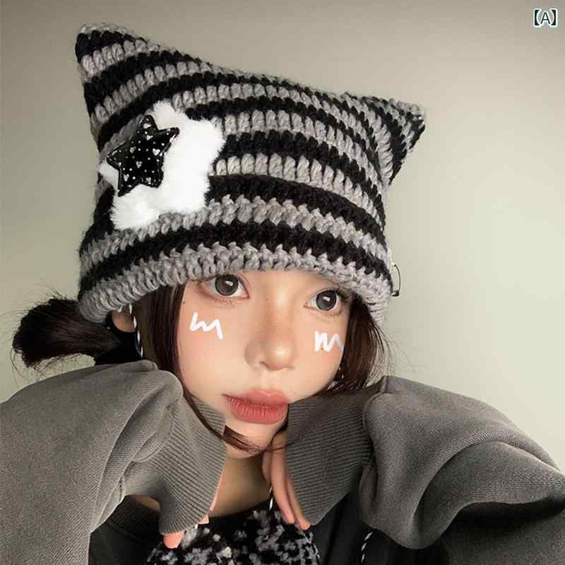 韓国 女性 春夏 秋　冬 レディース かわいい おしゃれ Yabi スタイル 猫耳 帽子 女性用 秋　冬 ストライプニット 帽子 韓国 かわいい プルオーバー ウール 帽子