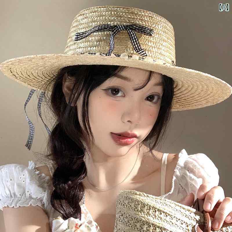 韓国 女性 春夏 秋冬 レディース かわいい おしゃれ フラット トップ 編組 麦わら 帽子 女性用 夏 フレンチスタイル 帽子 海辺 休暇 日よけ 日焼け防止 帽子|YKC8