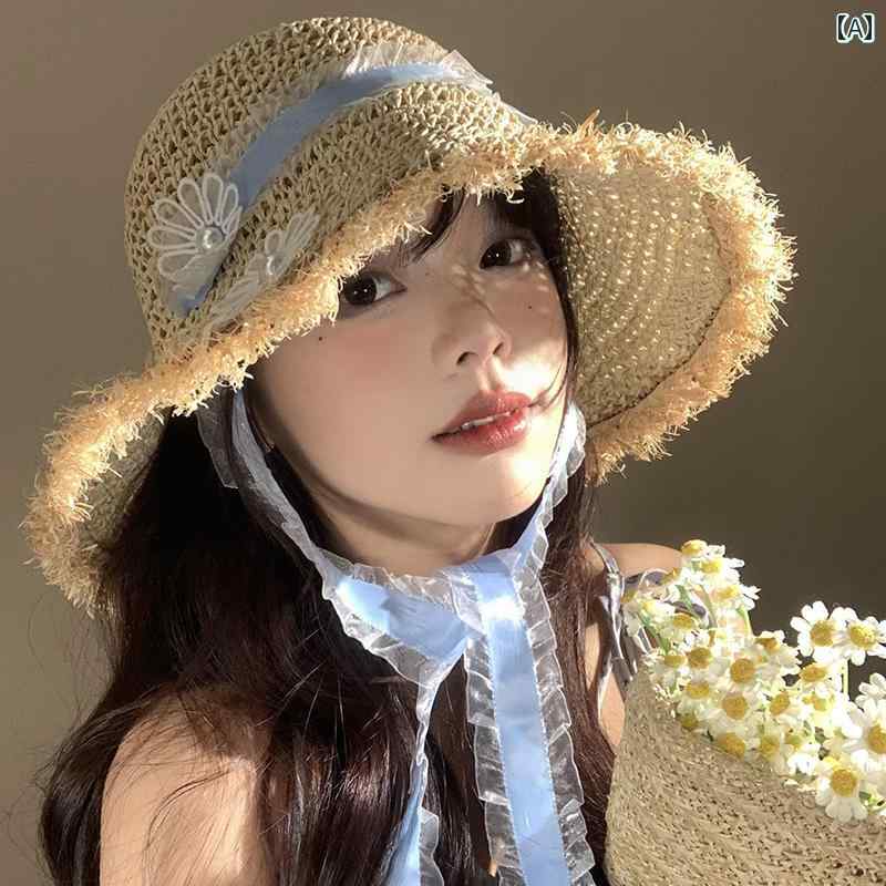 韓国 女性 春夏 秋冬 レディース かわいい おしゃれ フラワー レース ストリーマー 編組 麦わら 帽子 女性用 夏 海辺 日焼け防止 帽子大きい つば 帽子|YKC8