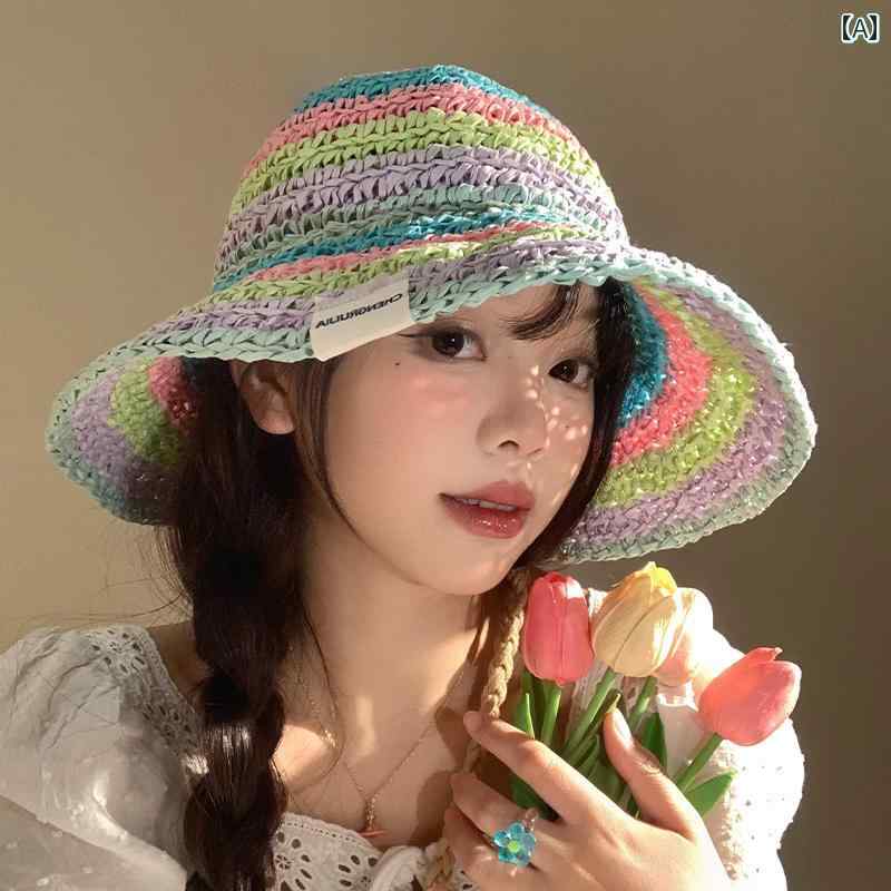 韓国 女性 春夏 秋冬 レディース かわいい おしゃれ カラフル 織 麦わら 帽子 女性用 夏 海辺 ビーチ 休暇 帽子 日焼け防止 帽子|YKC8