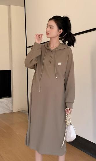 レディース ファッション 春秋 かわいい おしゃれ マタニティ 妊娠中 ベビー 赤ちゃん ドレス トップス フード付き スウェット ロング ワンピース カジュアル シンプル