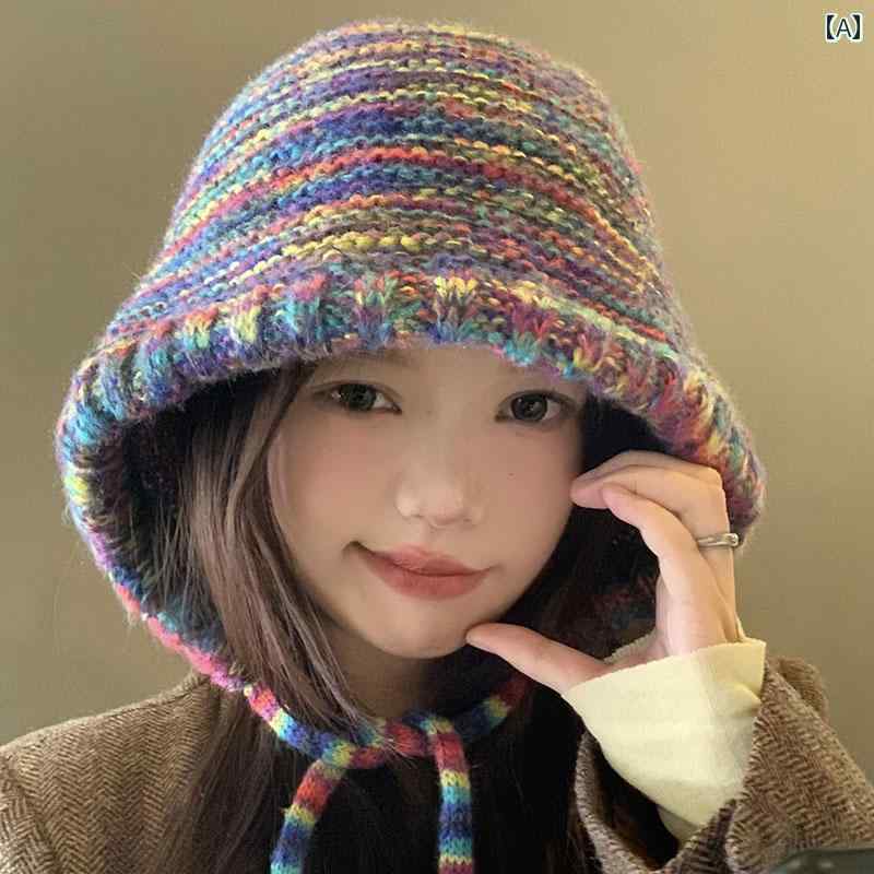 韓国 お上さん 春夏 秋 冬 レディース  愛くるしげ 今めかしい 虹霓グラデーション 羊毛 かぶり笠 お上さん用 秋 冬 韓国 赤ちょうちん ジョン 顔 飾り気の無い 編み物 かぶり笠 エスニック 耳保護すること 雷 峰 かぶり笠