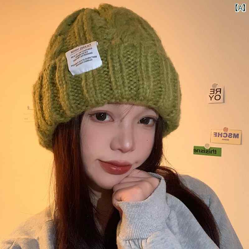 韓国 お上さん 春夏 秋冬 レディース  愛くるしげ 今めかしい 秋お上さん用 緑羊毛 かぶり笠 韓国 顔 編み物 帽 大きく ゆったり 耳 保護すること かぶり笠