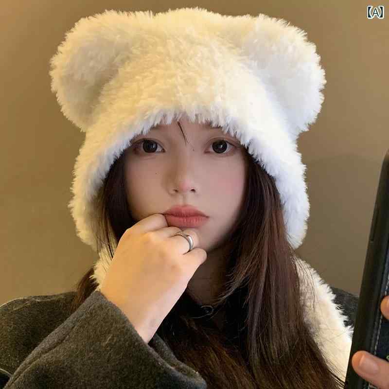 韓国 お上さん 春夏 秋 冬 レディース  愛くるしげ 今めかしい 熊 耳 ビーニー かぶり笠 お上さん用 秋 冬 愛くるしげ 顔 編み物 帽気が大きい  耳保護すること かぶり笠