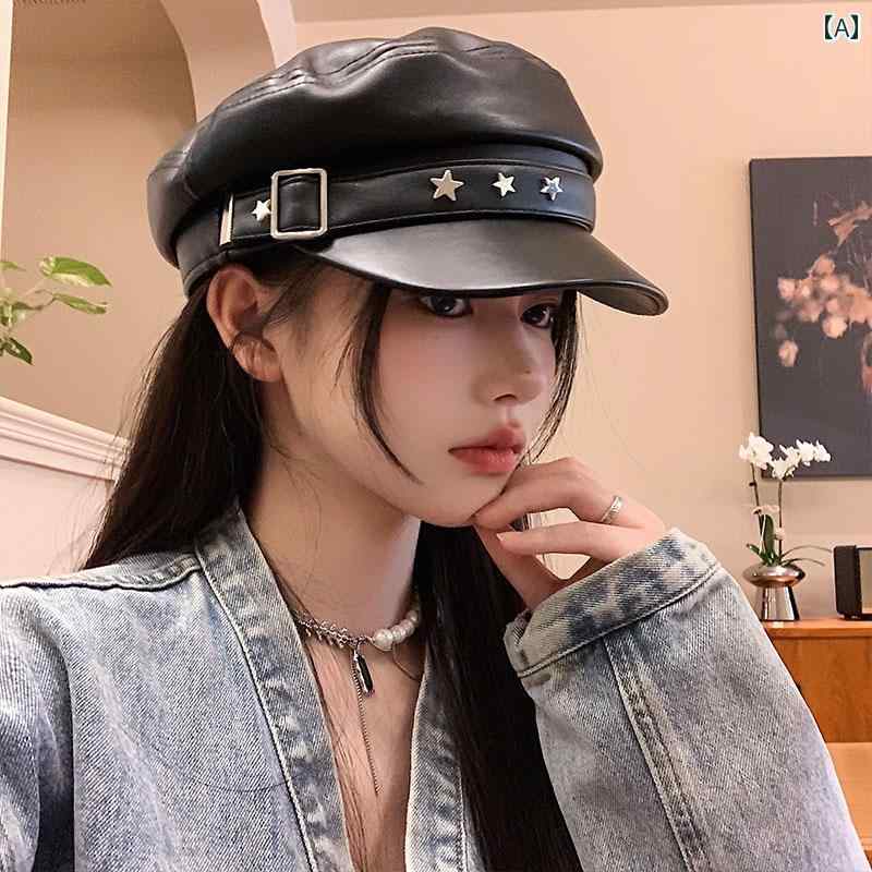 韓国 女性 春夏 秋 冬 レディース かわいい おしゃれ スター レザー ベレー 帽 レディース 秋 冬 和風 レトロ 顔 出し小 八角 帽子 黒 大きめ ネイビー 帽子|YKC8