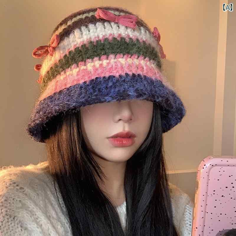 韓国 女性 春夏 秋 冬 レディース かわいい おしゃれ リボン カラフル 帽子 女性用 秋 冬 韓国 顔 ニット バケット ハット大きい ウール 帽子|YKC8