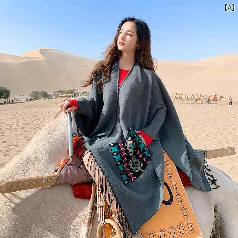 韓国 女性 春夏 秋冬 レディース かわいい おしゃれ 春夏 秋冬 レディース 大 理 エスニック 旅行 ウェア マント ショール 女性用 アウター マント 春　秋 夏 砂漠｜YKC8