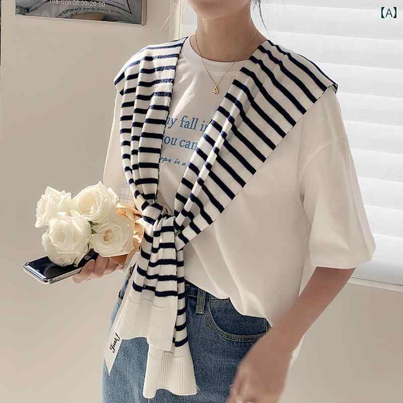 韓国 女性 春夏 秋冬 レディース かわいい おしゃれ 春夏 秋冬 レディース 黒　白 ストライプ ニット ショール アウターウェア 夏 風 スカート 春　秋 部屋 ショルダーガード ネック ショルダーストラップ ｜YKC8