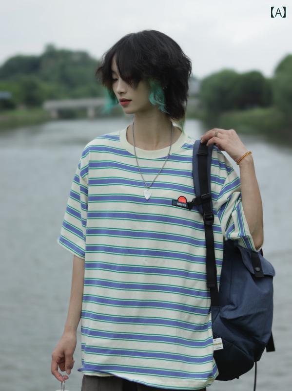 メンズ ファッション 春夏 秋冬 かっこいい オシャレ モテ 男性用 紳士服 服 韓国 シンプル 大人 レトロ カラー ブロック ストライプ 半袖 T シャツ 刺繍 カップル