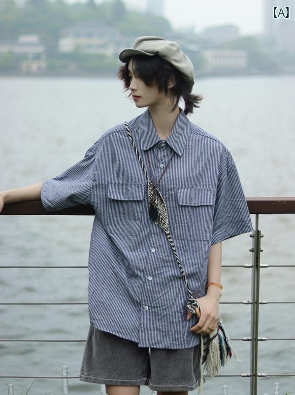 メンズ ファッション 春夏 秋冬 かっこいい オシャレ モテ 男性用 紳士服 服 韓国 シンプル 大人 レトロ ル ー ズ ストライプシャツ 半袖 綿 ポケット カップル ジャケット