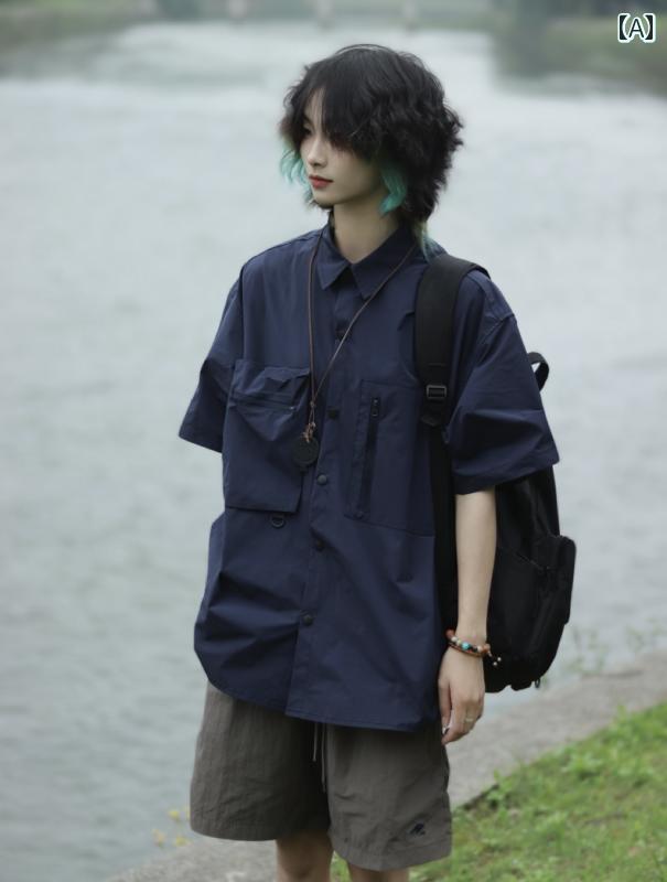 メンズ ファッション 春夏 秋冬 かっこいい オシャレ モテ 男性用 紳士服 服 韓国 シンプル 大人 レトロ ル ー ズ カジュアル マルチ ポケット 半袖 シャツ カップル 速乾 半袖 シャツ｜YKC8