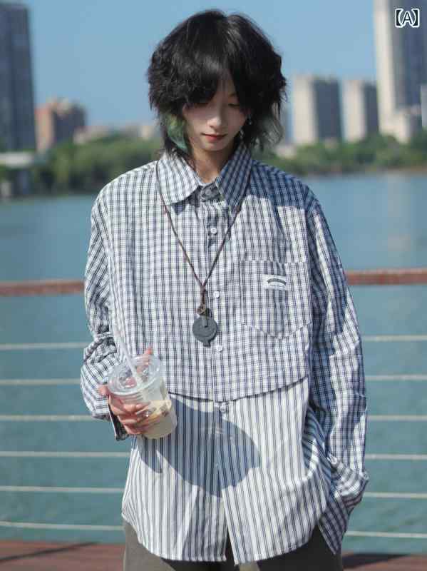 メンズ ファッション 春夏 秋冬 かっこいい オシャレ モテ 男性用 紳士服 服 韓国 シンプル 大人 レトロ ル ー ズ ストライプ スプライシング 長袖 チェック柄 シャツ スタイル シャツ メンズ